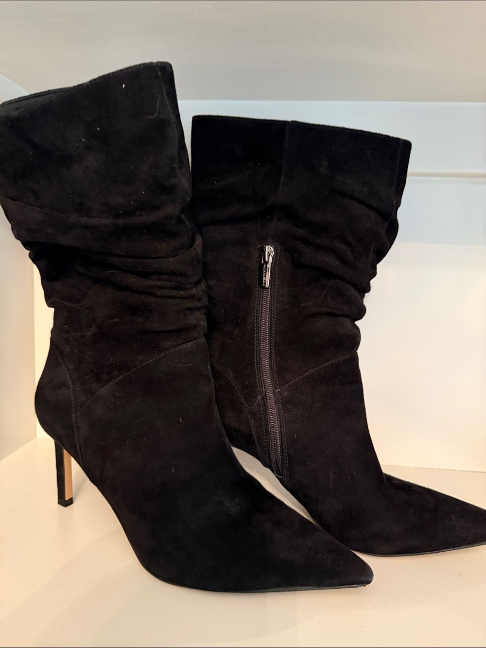 Vince Camuto Black Suede Pointed-Toe Slouchy Mid-Calf Heeled Boots 3” heel